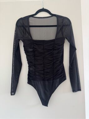 Abercrombie & Fitch Black Ruched Mesh Long Sleeve Bodysuit